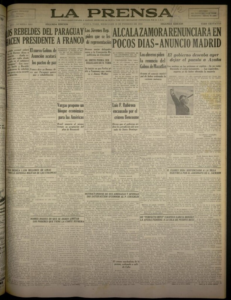 Miniatura de La Prensa: único diario español e hispano americano en Nueva York del 19 de febrero de 1936, nº 5951