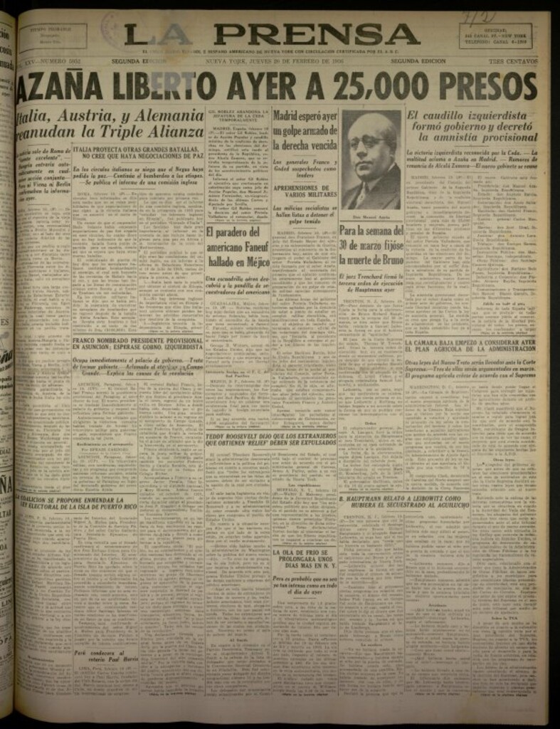 Miniatura de La Prensa: único diario español e hispano americano en Nueva York del 20 de febrero de 1936, nº 5952