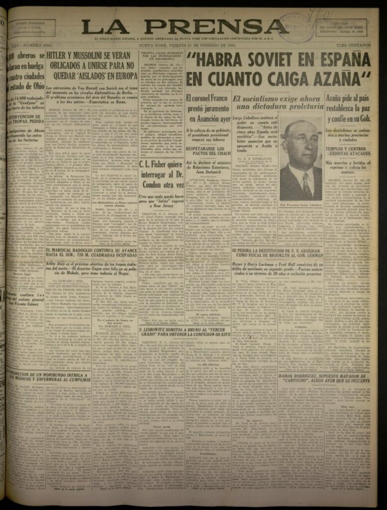 Miniatura de La Prensa: único diario español e hispano americano en Nueva York del 21 de febrero de 1936, nº 5953