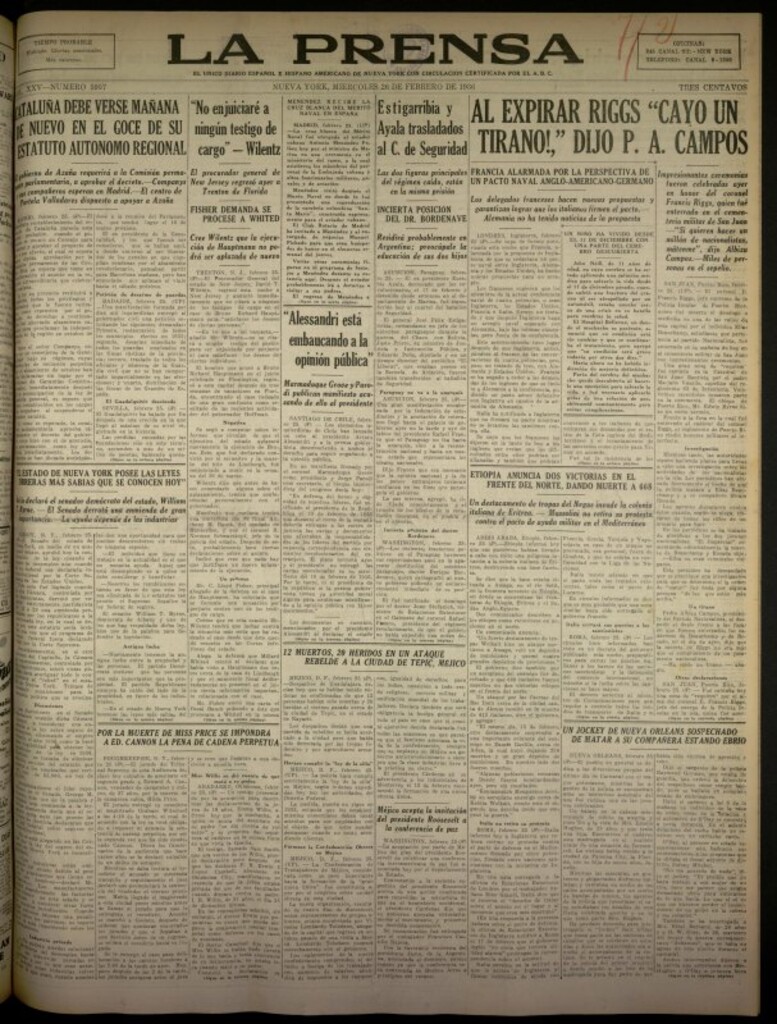 Miniatura de La Prensa: único diario español e hispano americano en Nueva York del 26 de febrero de 1936, nº 5957