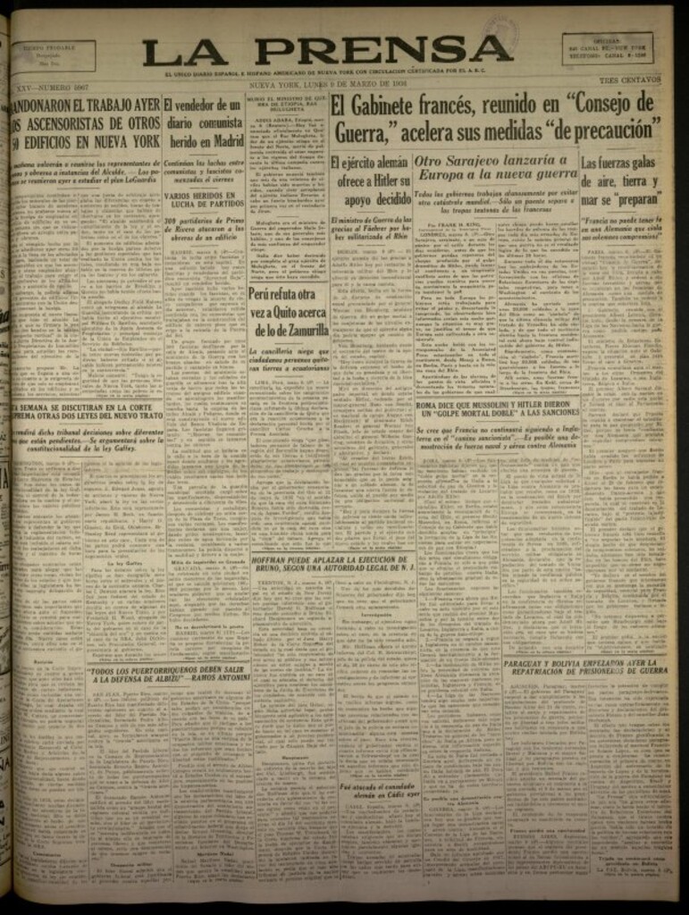 Miniatura de La Prensa: único diario español e hispano americano en Nueva York del 9 de marzo de 1936, nº 5967