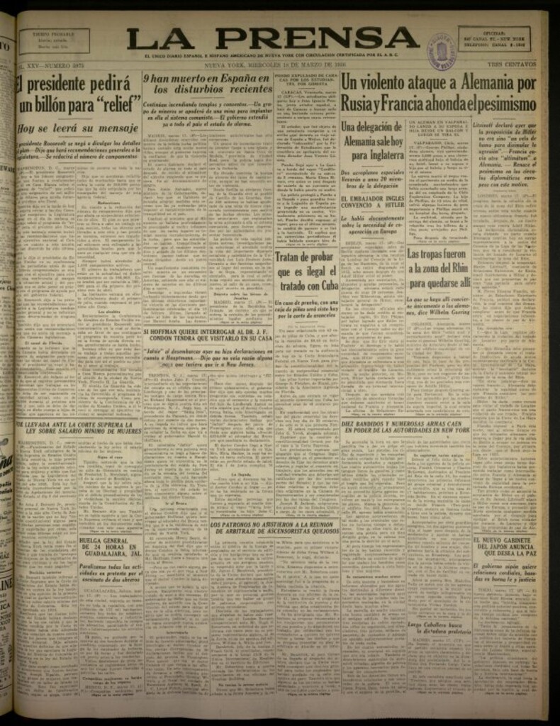 Miniatura de La Prensa: único diario español e hispano americano en Nueva York del 18 de marzo de 1936, nº 5975