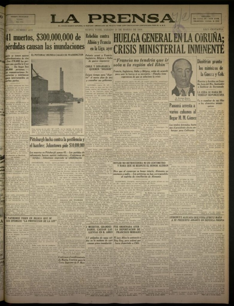 Miniatura de La Prensa: único diario español e hispano americano en Nueva York del 21 de marzo de 1936, nº 5978