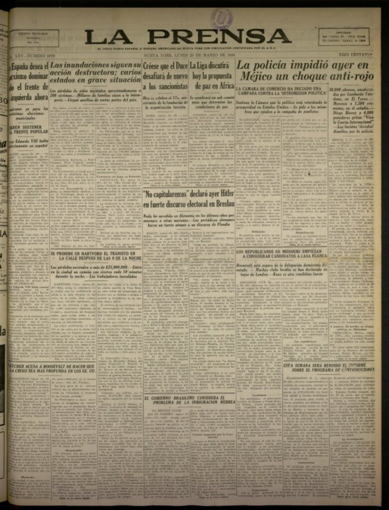 Miniatura de La Prensa: único diario español e hispano americano en Nueva York del 23 de marzo de 1936, nº 5979