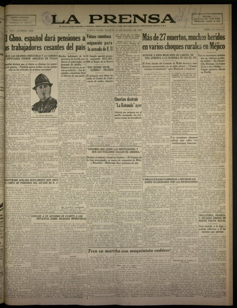Miniatura de La Prensa: único diario español e hispano americano en Nueva York del 24 de marzo de 1936, nº 5980