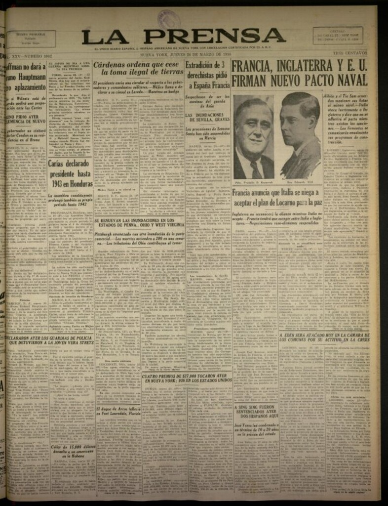 Miniatura de La Prensa: único diario español e hispano americano en Nueva York del 26 de marzo de 1936, nº 5982