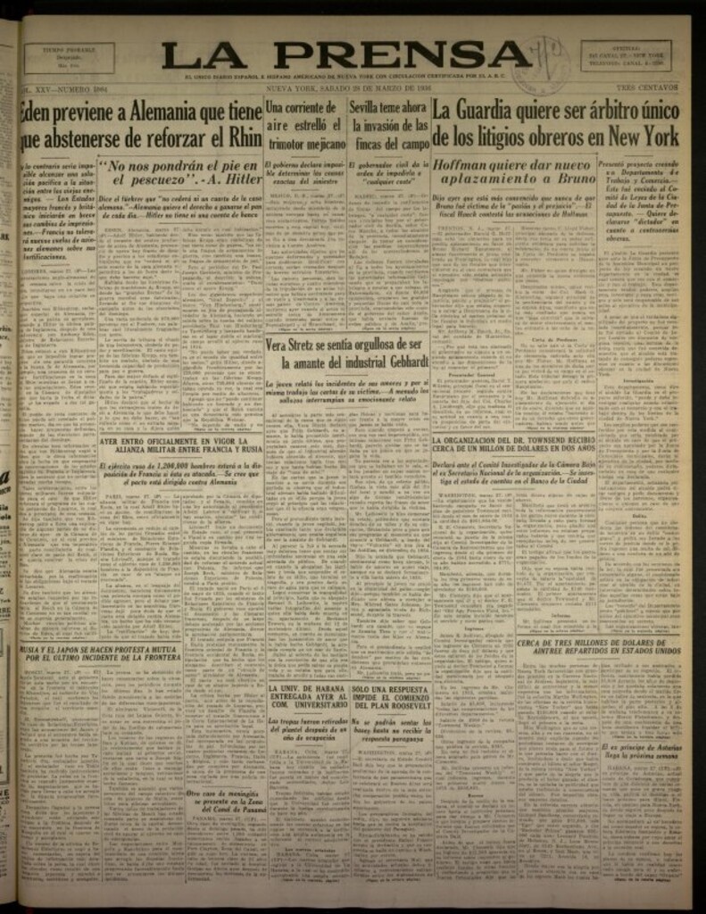 Miniatura de La Prensa: único diario español e hispano americano en Nueva York del 28 de marzo de 1936, nº 5984