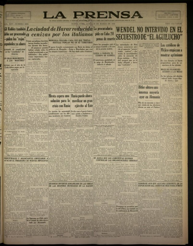 Miniatura de La Prensa: único diario español e hispano americano en Nueva York del 30 de marzo de 1936, nº 5985