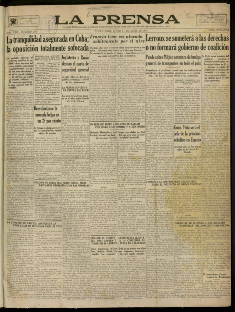 Miniatura de La Prensa: único diario español e hispano americano en Nueva York del 1 de abril de 1935, nº 5673