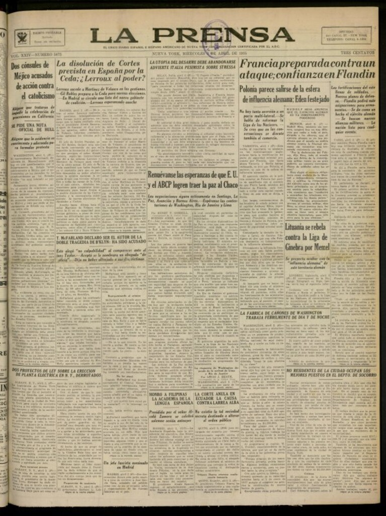 Miniatura de La Prensa: único diario español e hispano americano en Nueva York del 3 de abril de 1935. nº 5675
