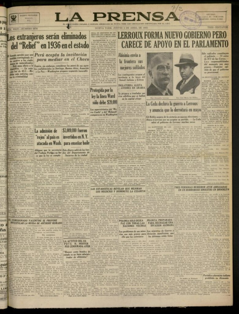 Miniatura de La Prensa: único diario español e hispano americano en Nueva York del 4 de abril de 1935, nº 5676