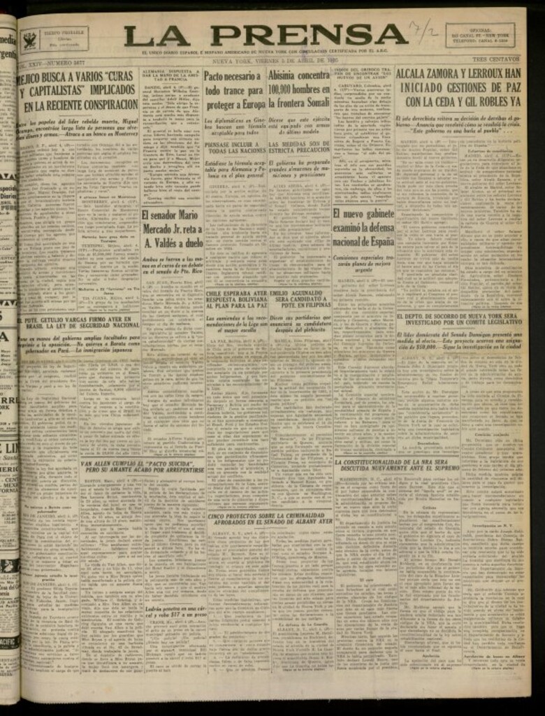 Miniatura de La Prensa: único diario español e hispano americano en Nueva York del 5 de abril de 1935, nº 5677