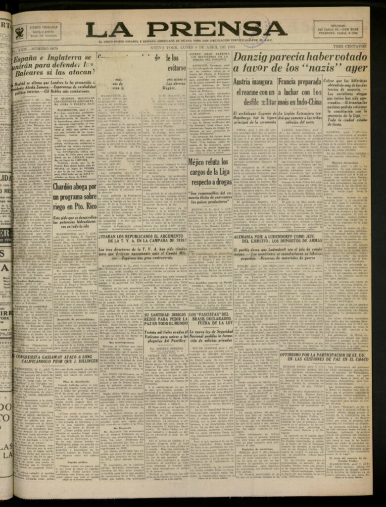 Miniatura de La Prensa: único diario español e hispano americano en Nueva York del 8 de abril de 1935, nº 5679