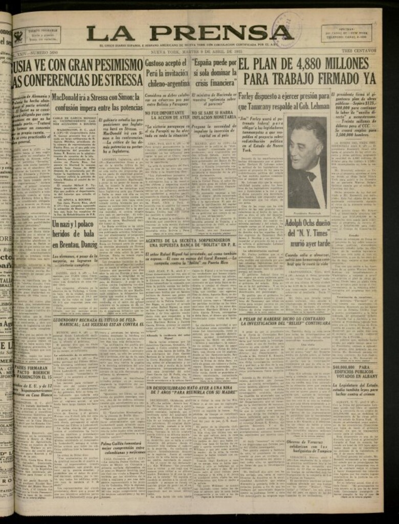 Miniatura de La Prensa: único diario español e hispano americano en Nueva York del 9 de abril de 1935, nº 5680