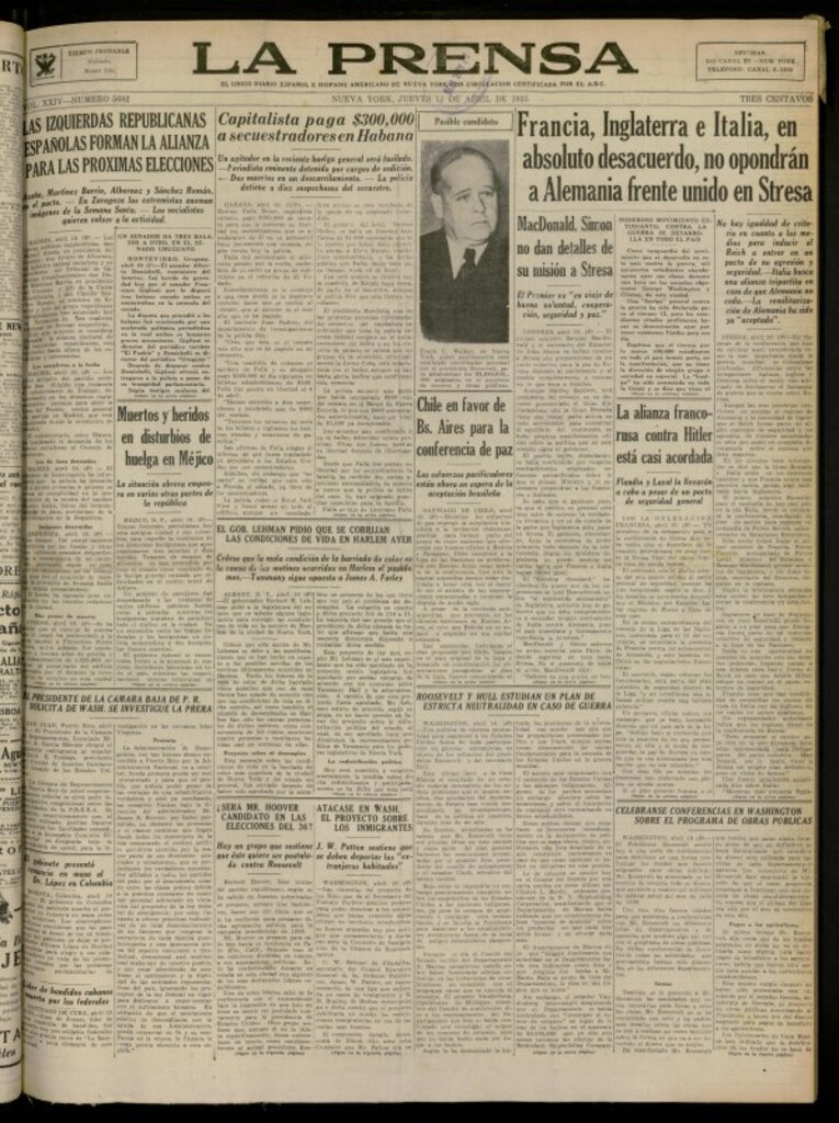 Miniatura de La Prensa: único diario español e hispano americano en Nueva York del 11 de abril de 1935, nº 5682