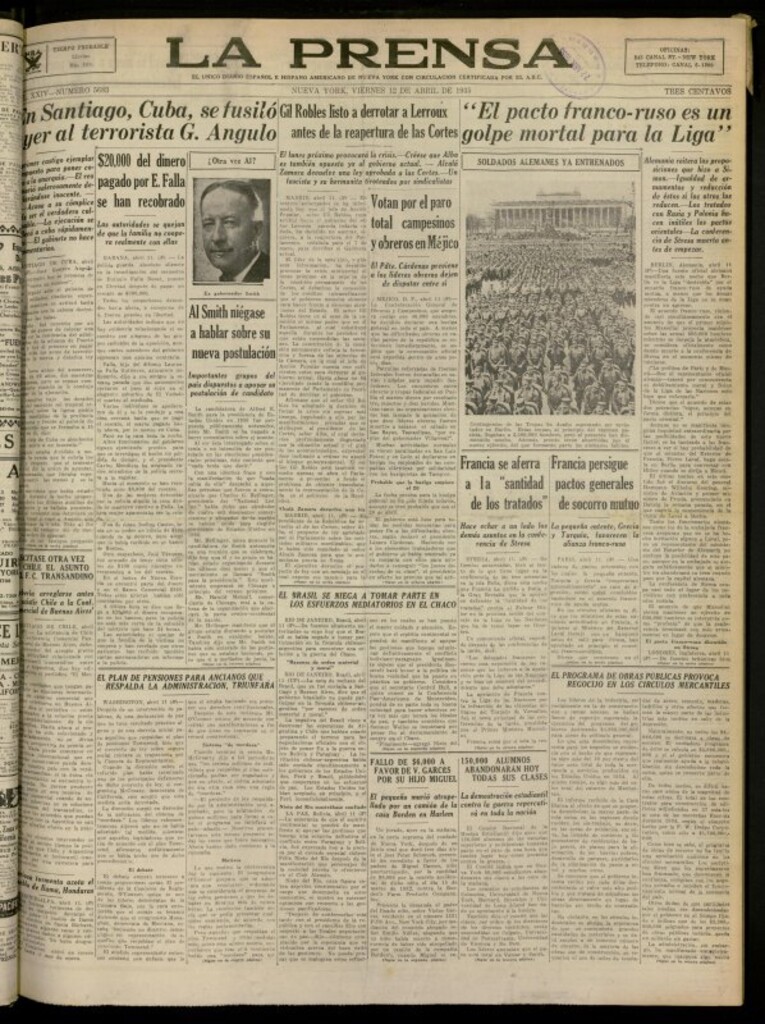 Miniatura de La Prensa: único diario español e hispano americano en Nueva York del 12 de abril de 1935, nº 5683