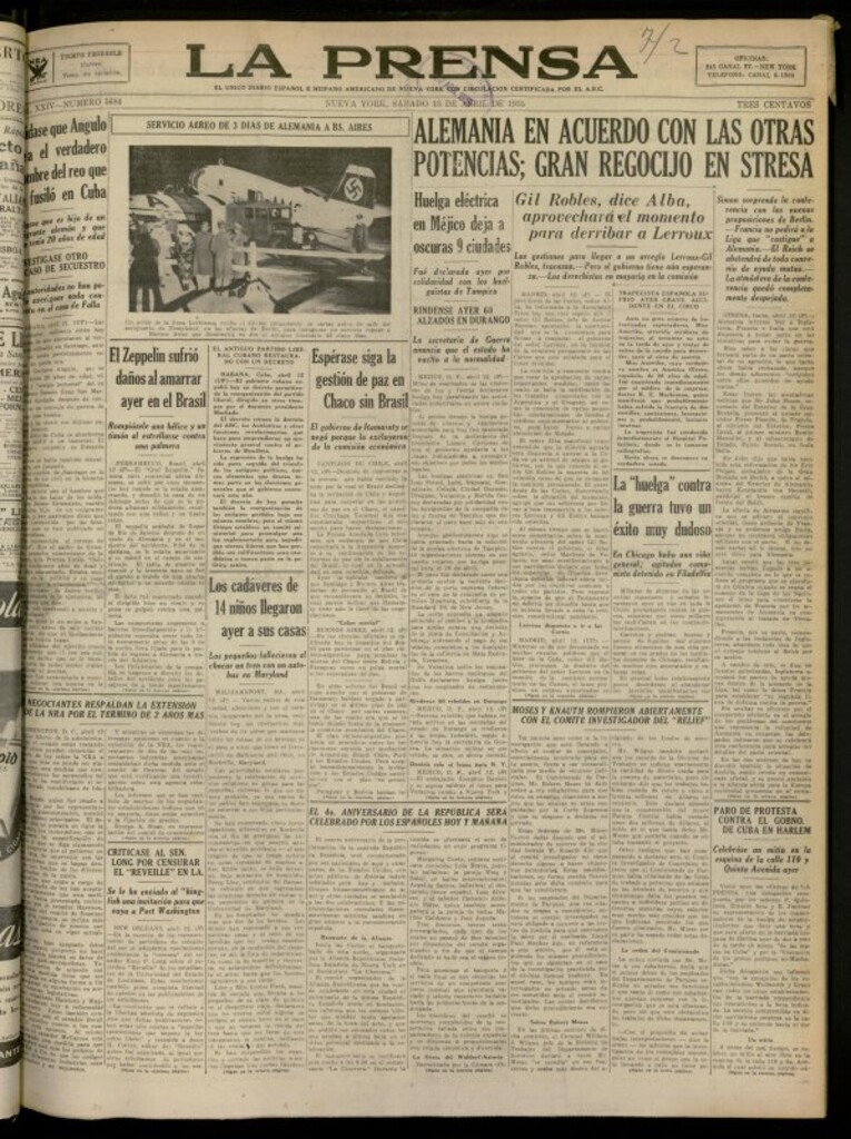 Miniatura de La Prensa: único diario español e hispano americano en Nueva York del 13 de abril de 1935, nº 5684