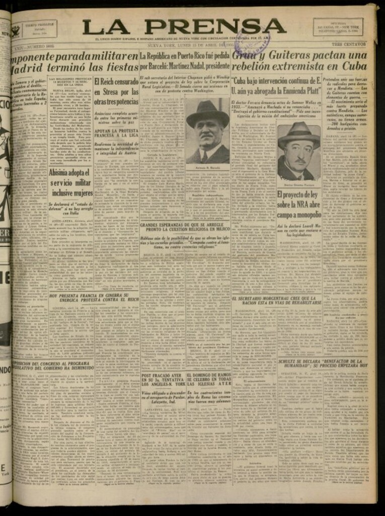 Miniatura de La Prensa: único diario español e hispano americano en Nueva York del 15 de abril de 1935, nº 5685