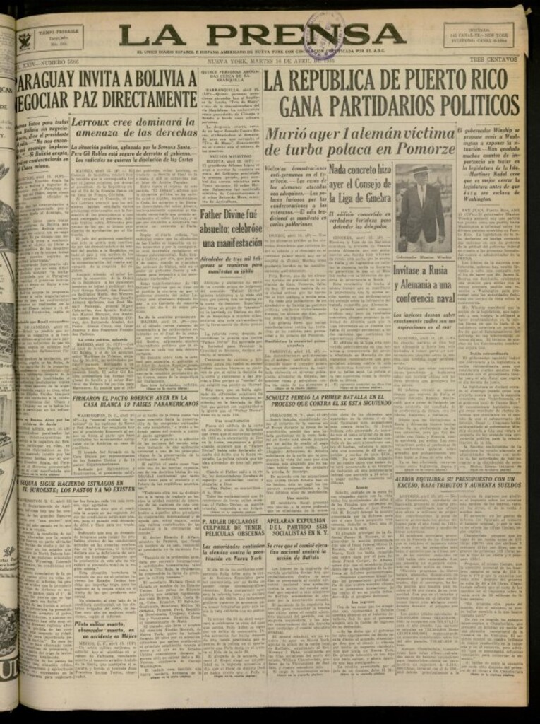 Miniatura de La Prensa: único diario español e hispano americano en Nueva York del 16 de abril de 1935, nº 5686