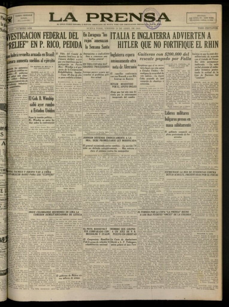 Miniatura de La Prensa: único diario español e hispano americano en Nueva York del 19 de abril de 1935, nº 5689