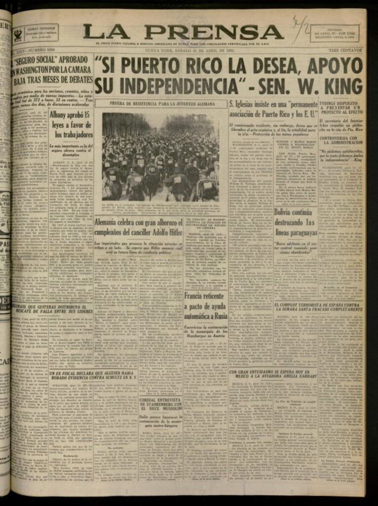 Miniatura de La Prensa: único diario español e hispano americano en Nueva York del 20 de abril de 1935, nº 5690