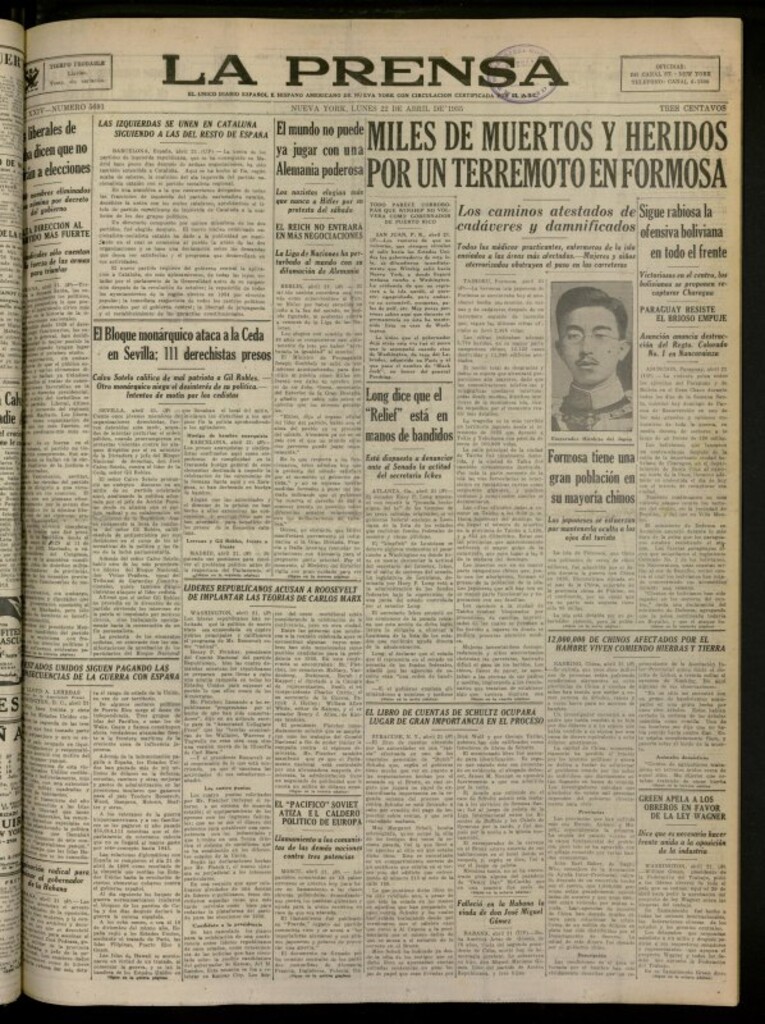 Miniatura de La Prensa: único diario español e hispano americano en Nueva York del 22 de abril de 1935, nº 5691