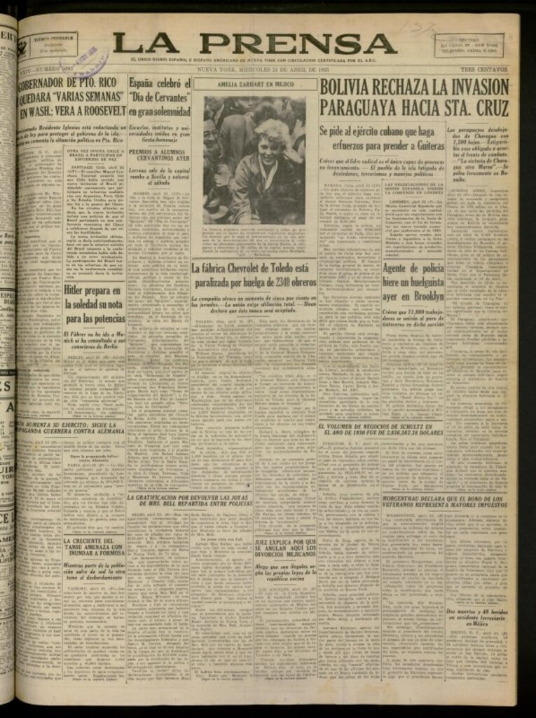 Miniatura de La Prensa: único diario español e hispano americano en Nueva York del 24 de abril de 1935, nº 5693