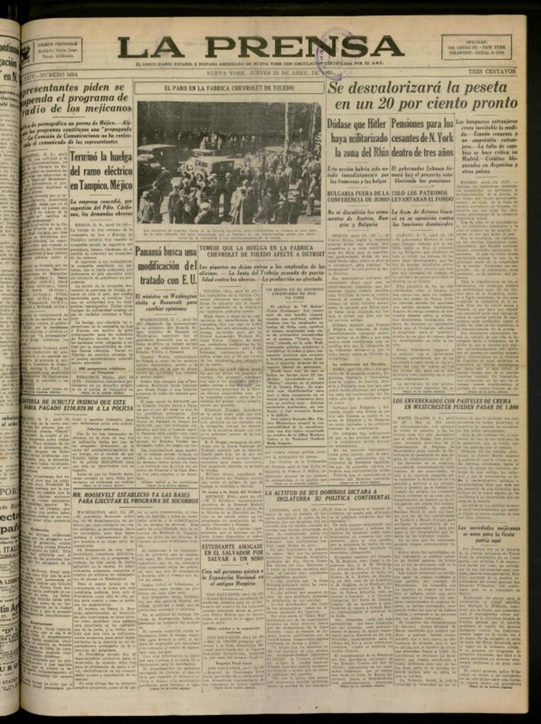 Miniatura de La Prensa: único diario español e hispano americano en Nueva York del 25 de abril de 1935, nº 5694