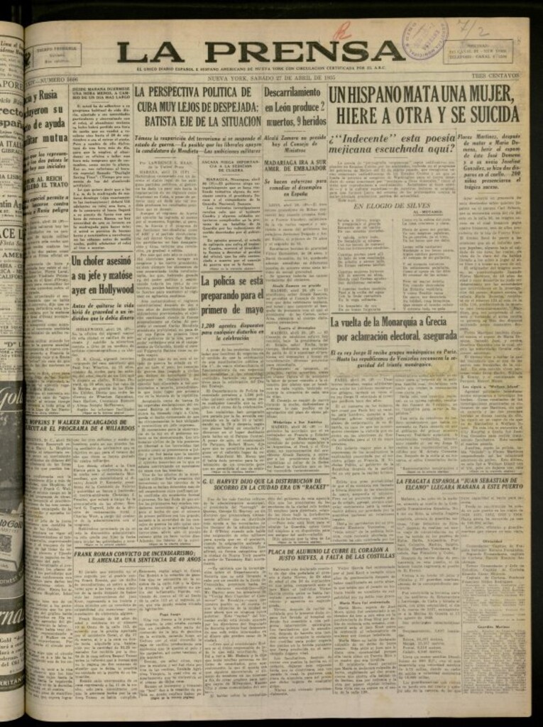 Miniatura de La Prensa: único diario español e hispano americano en Nueva York del 27 de abril de 1935, nº 5696
