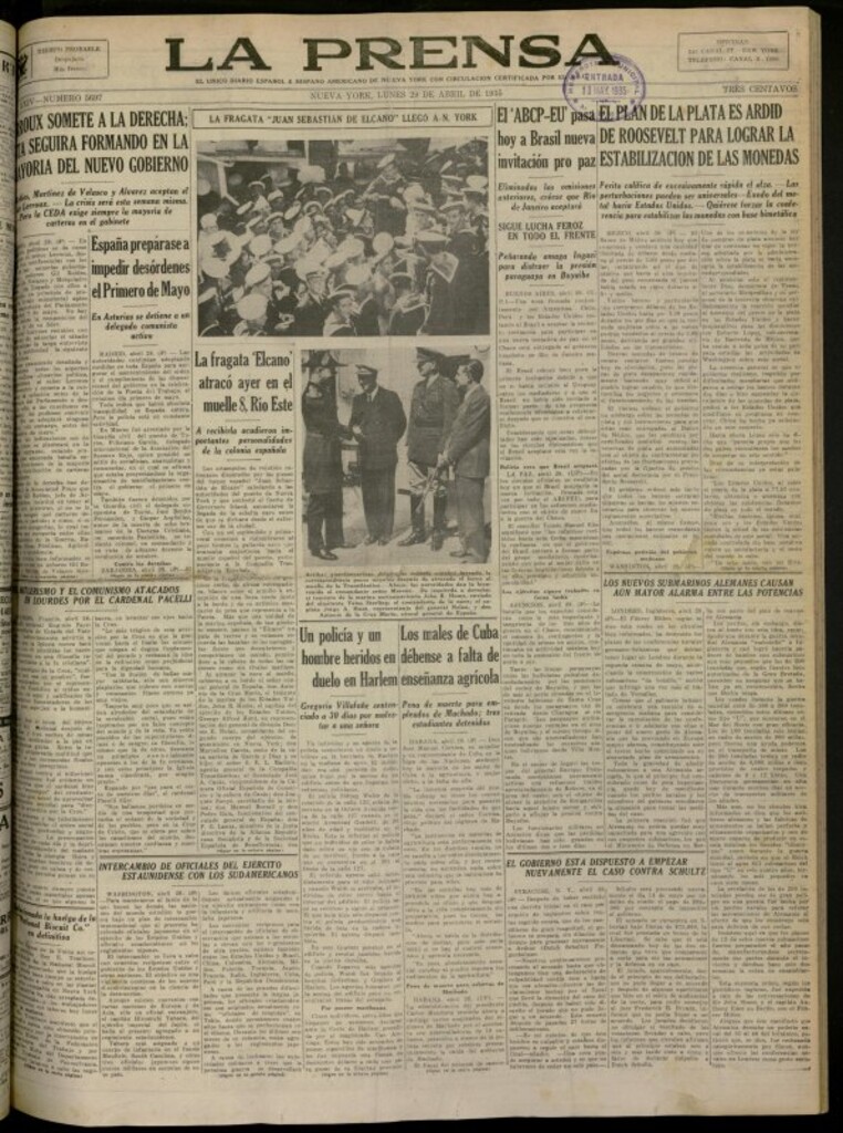 Miniatura de La Prensa: único diario español e hispano americano en Nueva York del 29 de abril de 1935, nº 5697