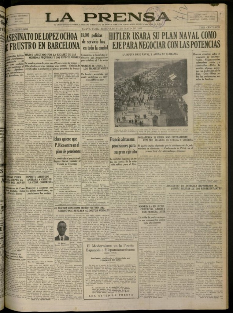 Miniatura de La Prensa: único diario español e hispano americano en Nueva York del 1 de mayo de 1935, nº 5699