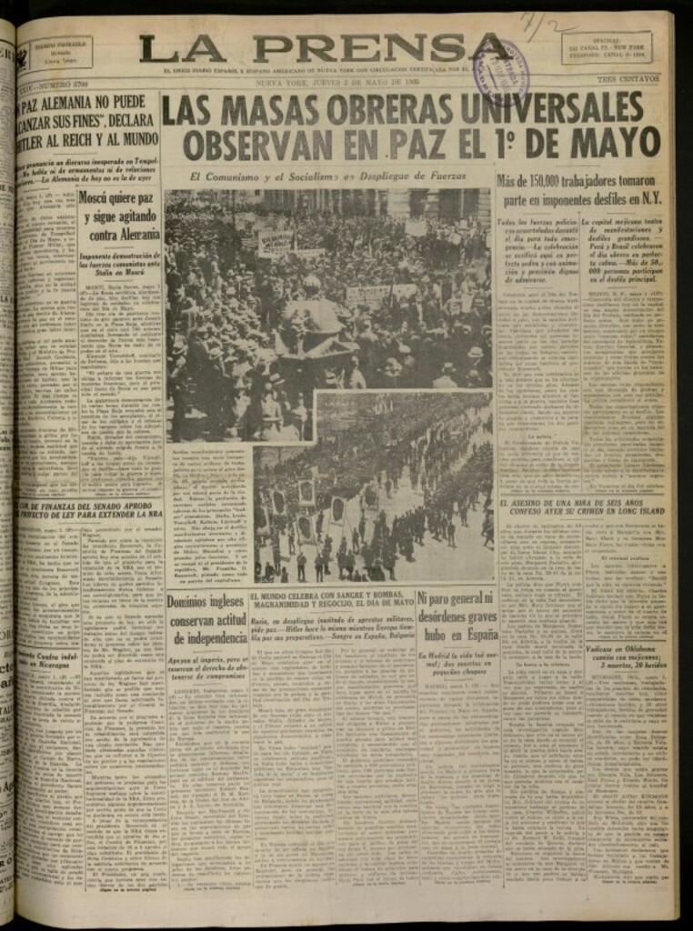 Miniatura de La Prensa: único diario español e hispano americano en Nueva York del 2 de mayo de 1935, nº 5700
