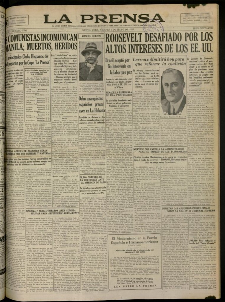 Miniatura de La Prensa: único diario español e hispano americano en Nueva York del 3 de mayo de 1935, nº 5701
