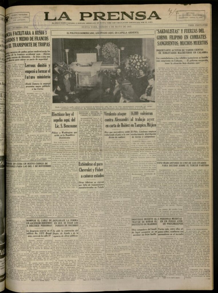 Miniatura de La Prensa: único diario español e hispano americano en Nueva York del 4 de mayo de 1935, nº 5702