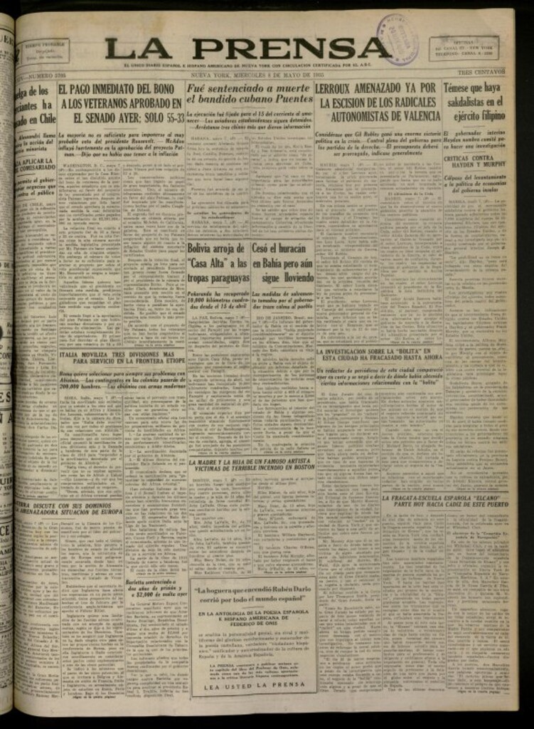 Miniatura de La Prensa: único diario español e hispano americano en Nueva York del 8 de mayo de 1935, nº 5705