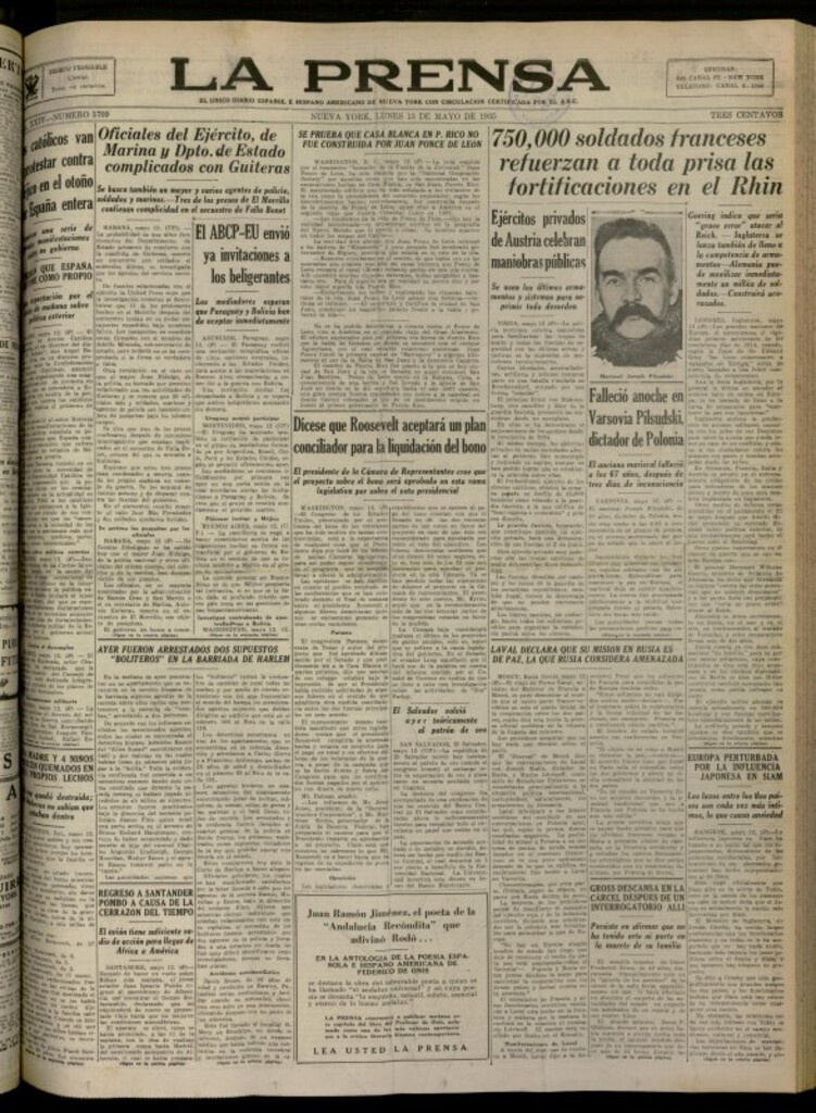 Miniatura de La Prensa: único diario español e hispano americano en Nueva York del 13 de mayo de 1935, nº 5709