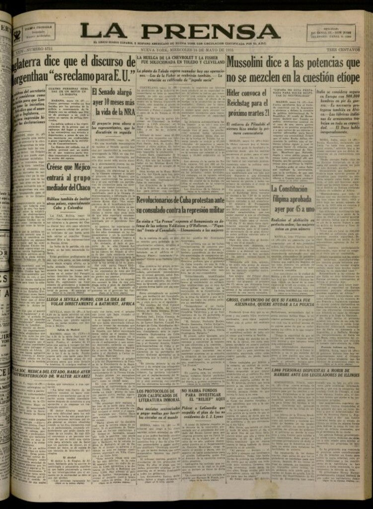 Miniatura de La Prensa: único diario español e hispano americano en Nueva York del 15 de mayo de 1935, nº 5711