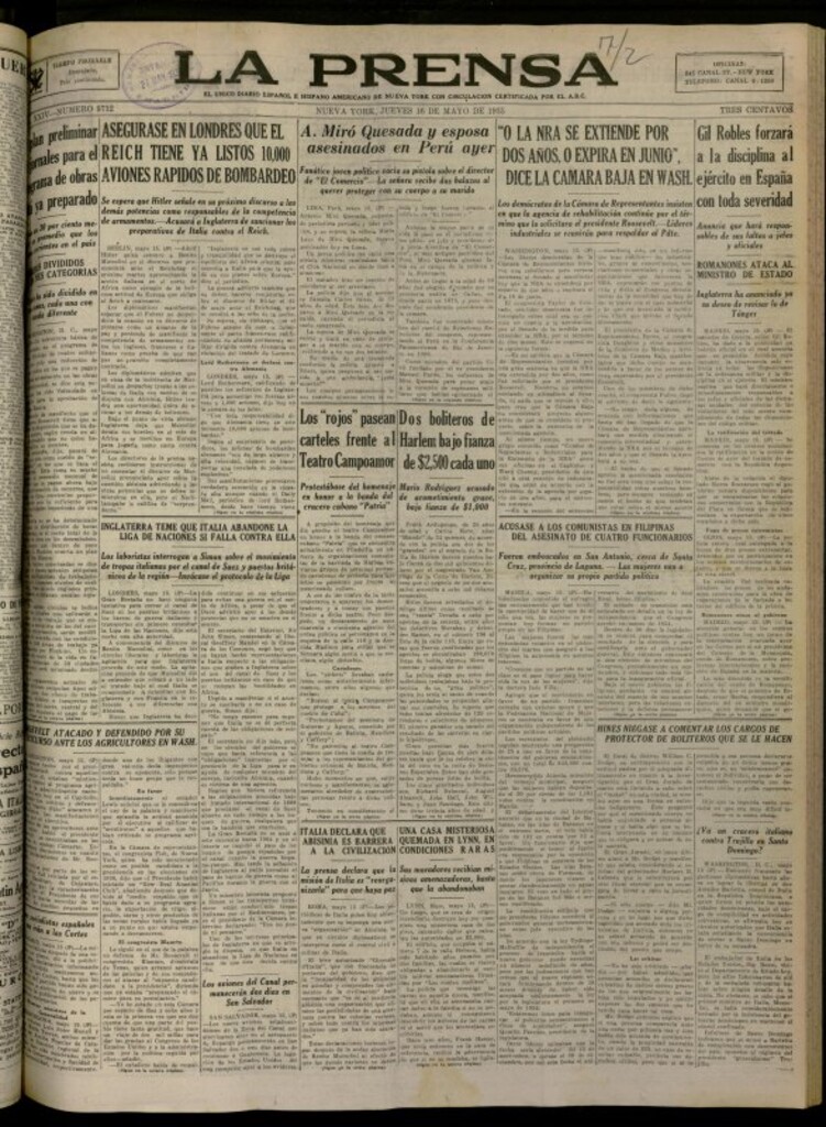 Miniatura de La Prensa: único diario español e hispano americano en Nueva York del 16 de mayo de 1935, nº 5712