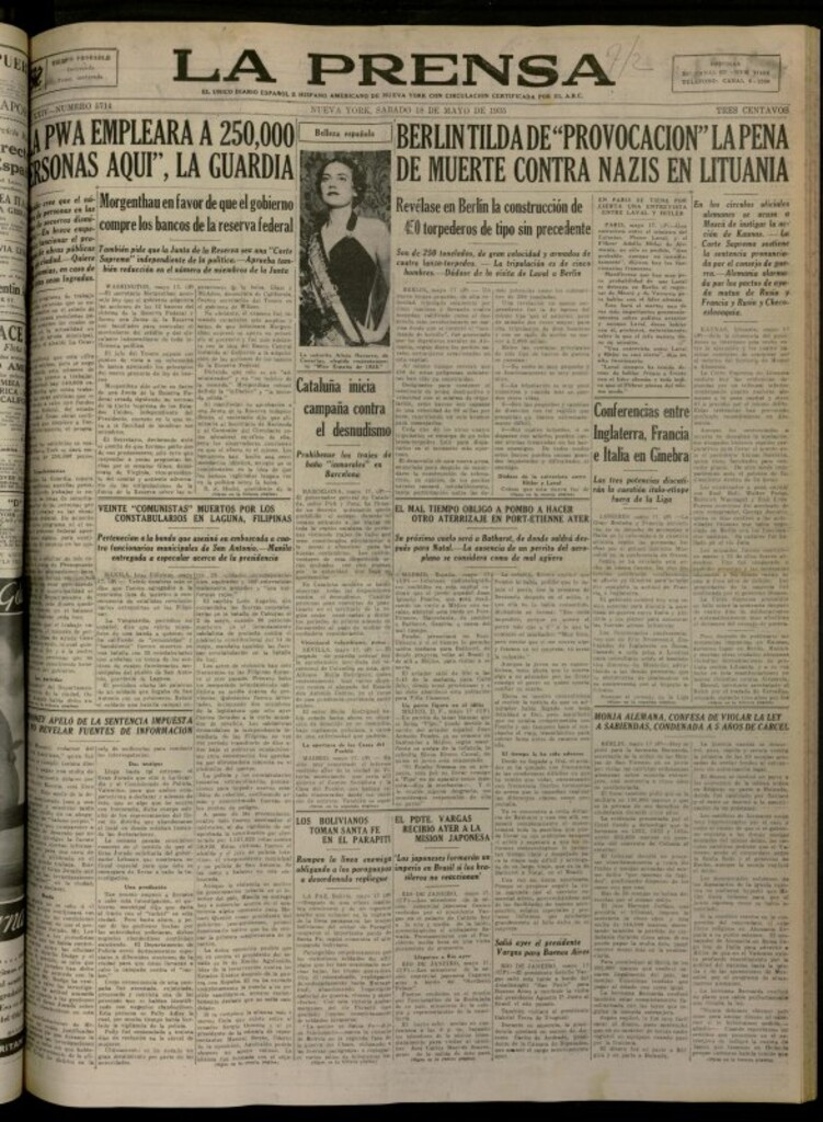 Miniatura de La Prensa: único diario español e hispano americano en Nueva York del 18 de mayo de 1935, nº 5714