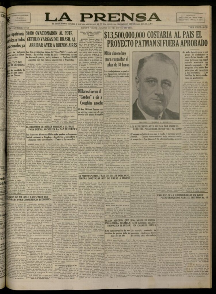Miniatura de La Prensa: único diario español e hispano americano en Nueva York del 23 de mayo de 1935, nº 5718