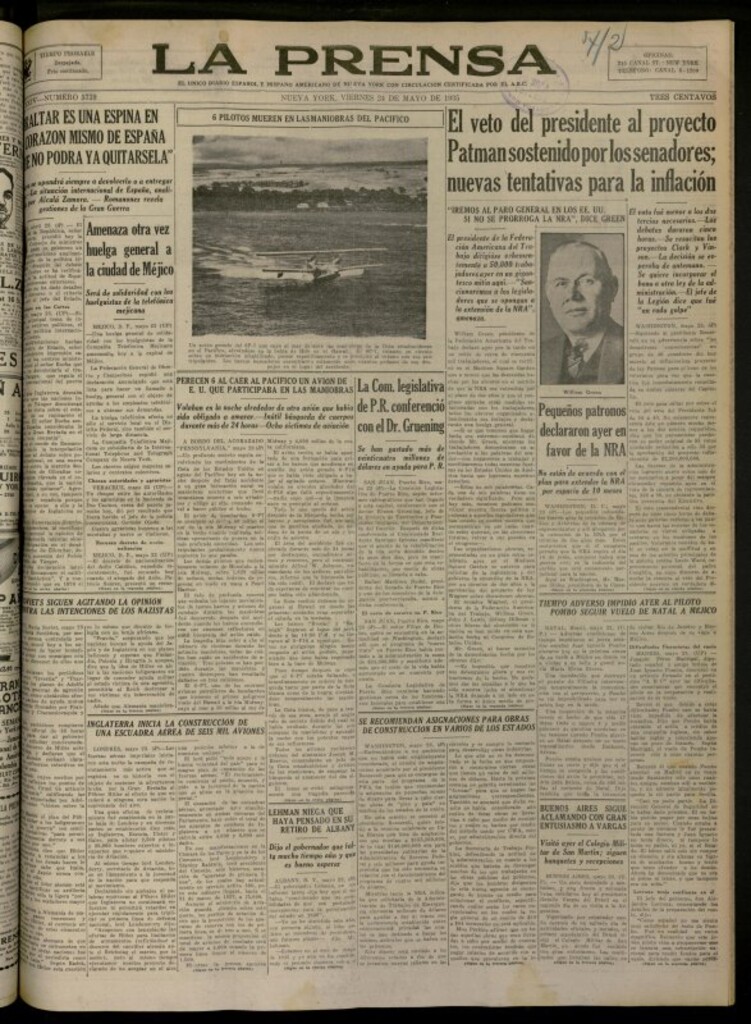 Miniatura de La Prensa: único diario español e hispano americano en Nueva York del 24 de mayo de 1935, nº 5719