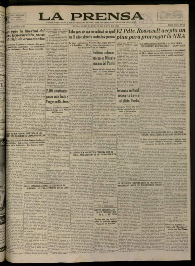 Miniatura de La Prensa: único diario español e hispano americano en Nueva York del 25 de mayo de 1935, nº 5720