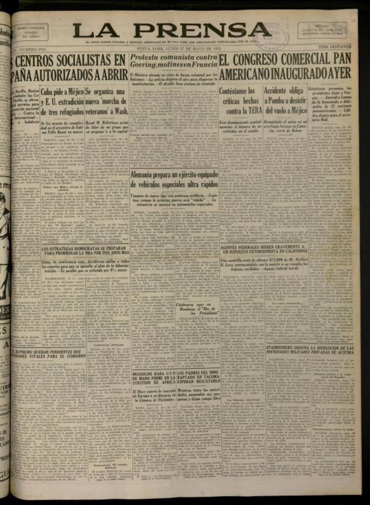 Miniatura de La Prensa: único diario español e hispano americano en Nueva York del 27 de mayo de 1935, nº 5721