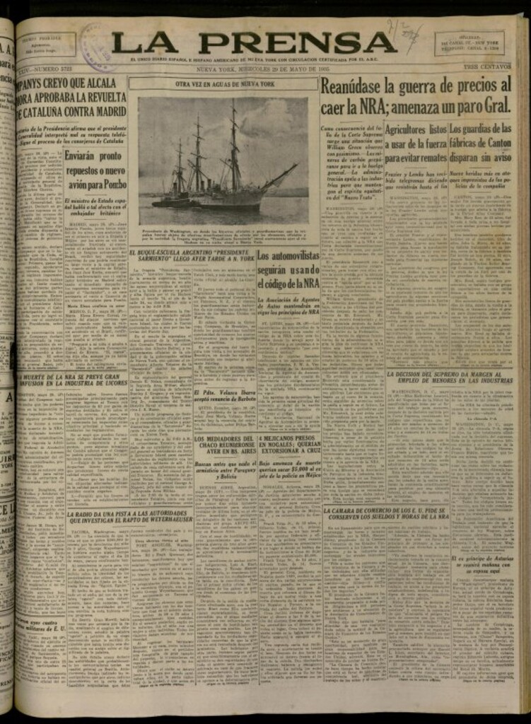 Miniatura de La Prensa: único diario español e hispano americano en Nueva York del 29 de mayo de 1935, nº 5723