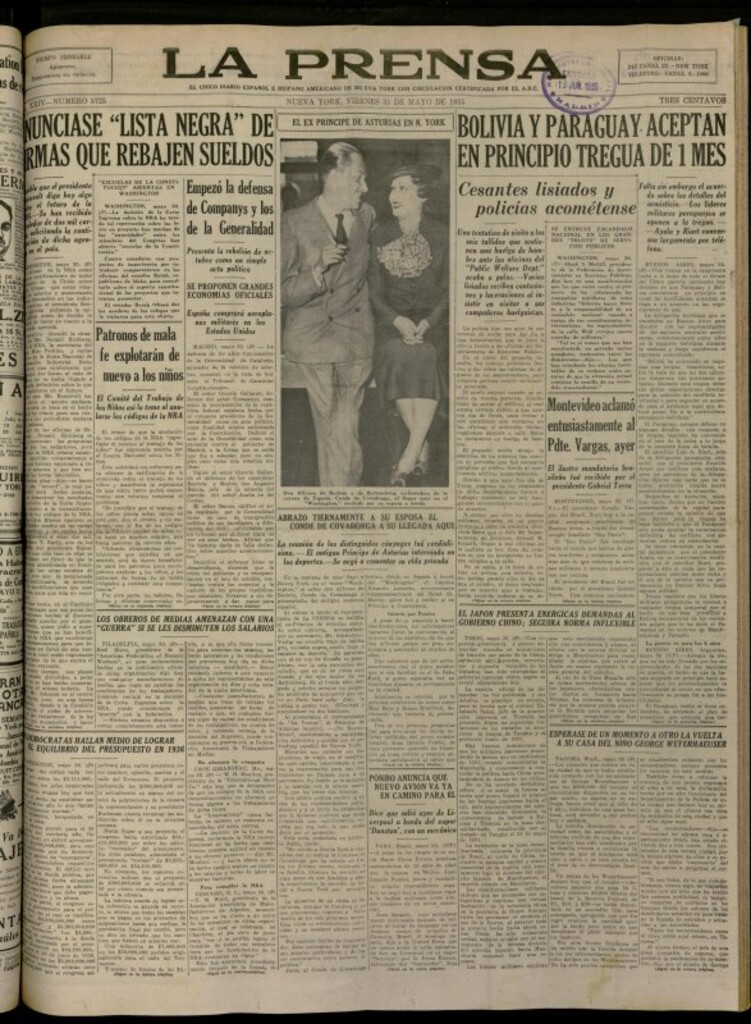 Miniatura de La Prensa: único diario español e hispano americano en Nueva York del 31 de mayo de 1935, nº 5725