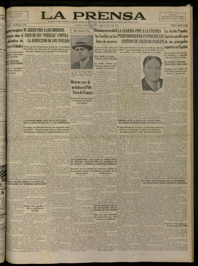 Miniatura de La Prensa: único diario español e hispano americano en Nueva York del 3 de junio de 1935, nº 5727