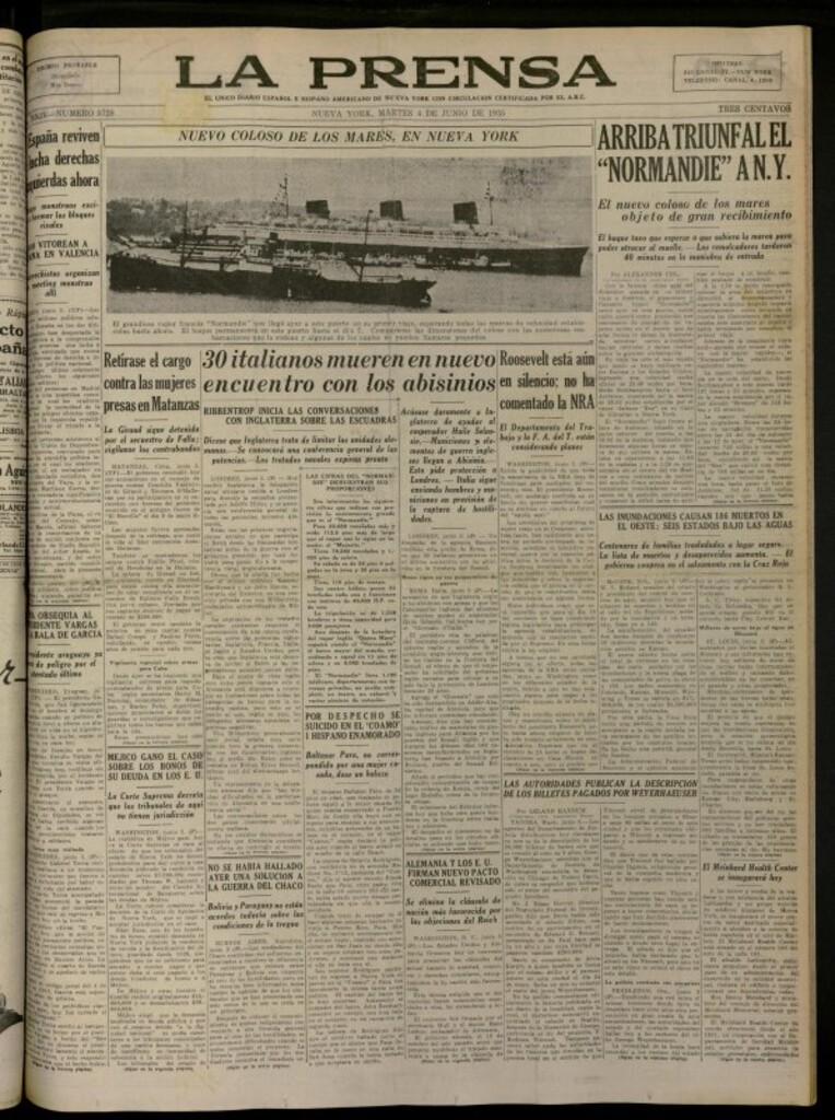 Miniatura de La Prensa: único diario español e hispano americano en Nueva York del 4 de junio de 1935, nº 5728