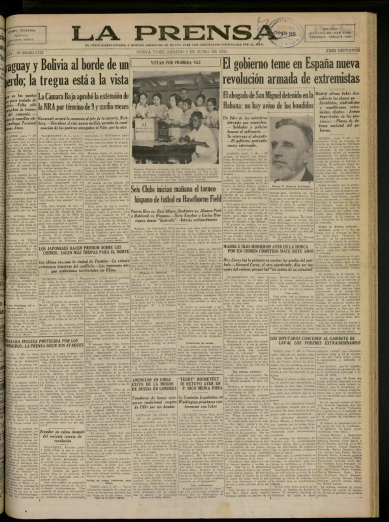 Miniatura de La Prensa: único diario español e hispano americano en Nueva York del 8 de junio de 1935, nº 5732