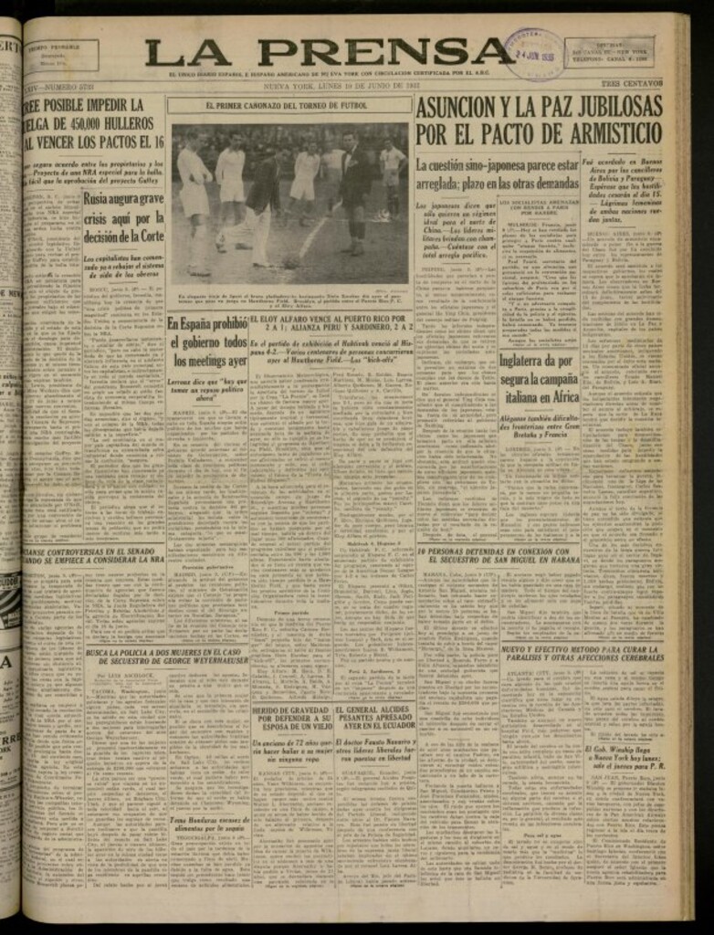 Miniatura de La Prensa: único diario español e hispano americano en Nueva York del 10 de junio de 1935, nº 5733