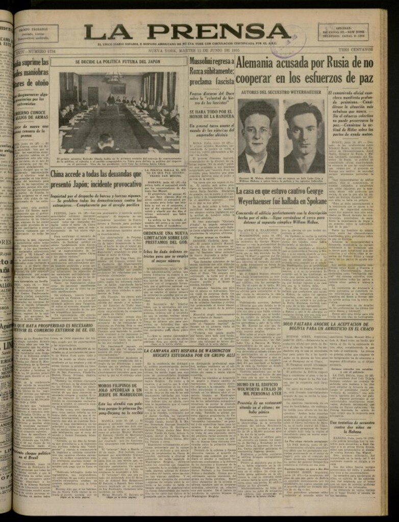 Miniatura de La Prensa: único diario español e hispano americano en Nueva York del 11 de junio de 1935, nº 5734